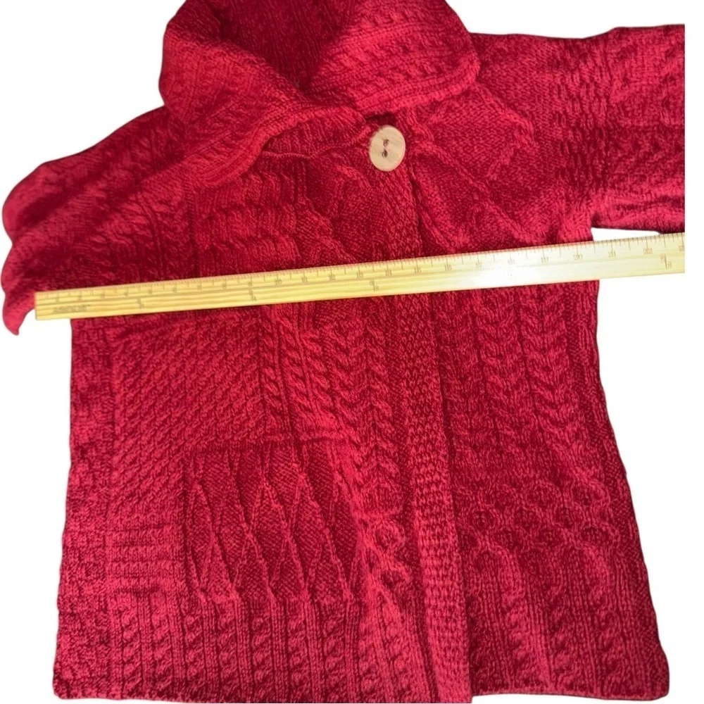 Aran Red Wool Cardigan Irish Patchwork Wrap Button Collar Merino XL - Picture 8 of 16